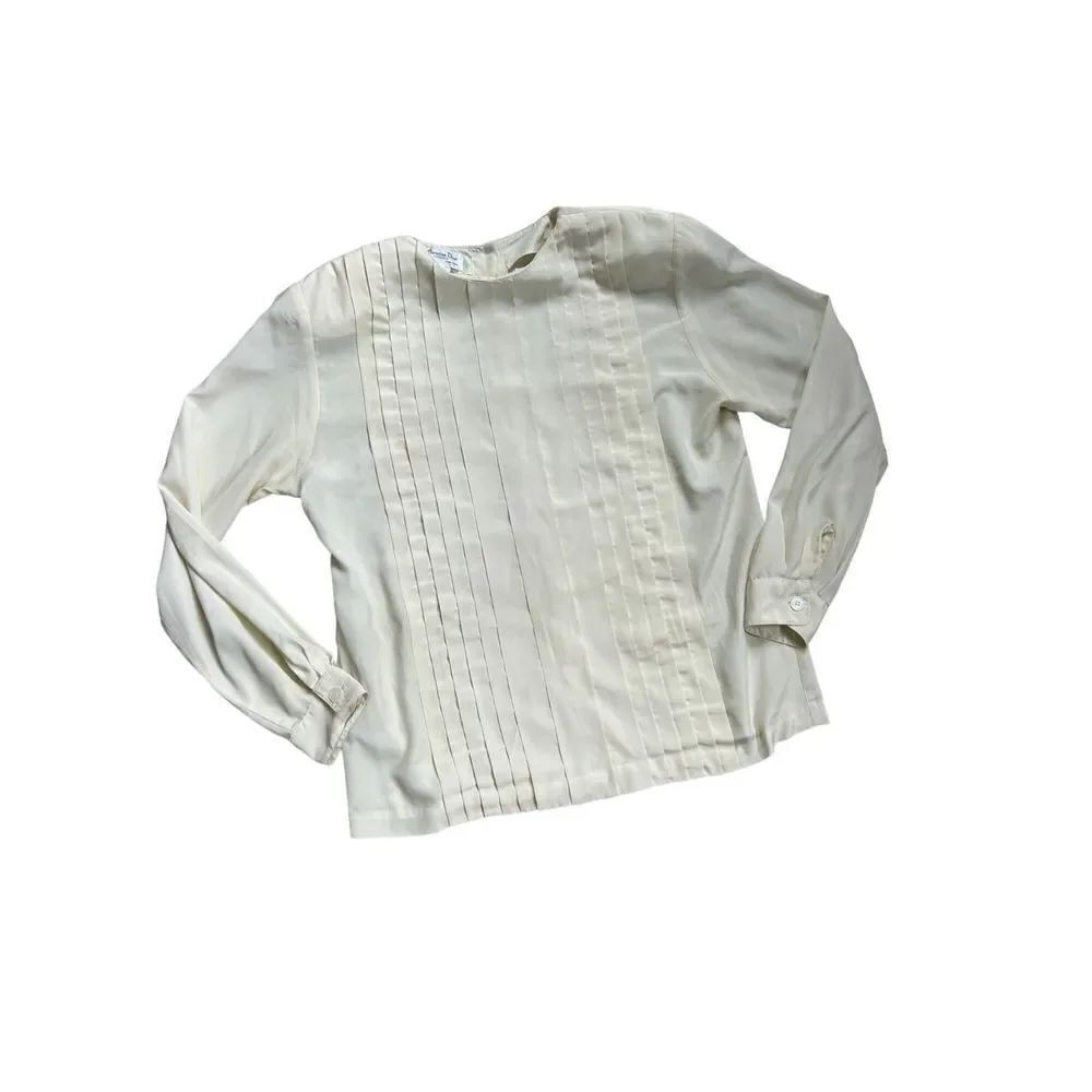 Christian Dior Vintage Chemises Long Sleeve Pleated Blouse Women's Cream Size 10